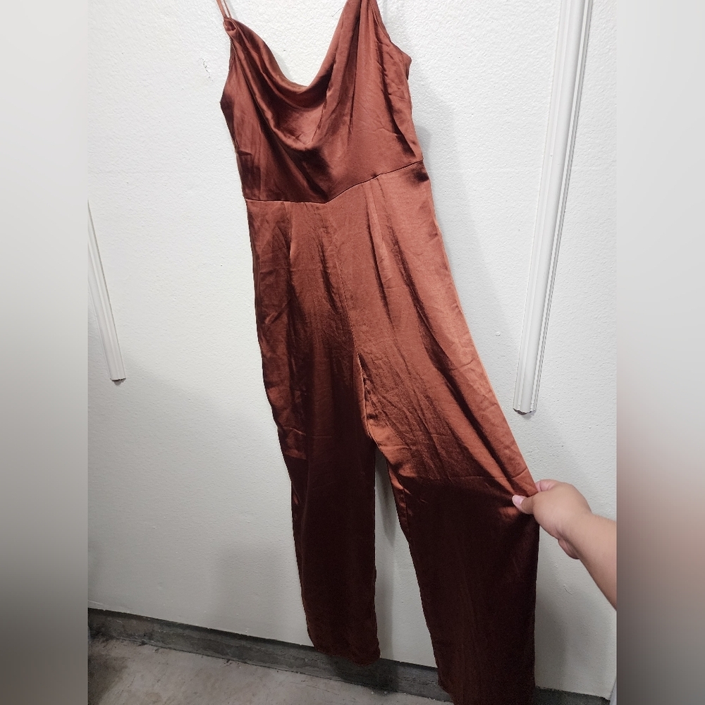 Lulus Perfect Night Brown Satin Cowl Neck Culotte Jumpsuit S Wedding Party - Picture 8 of 12